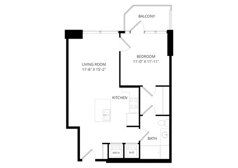 Floor plan for 1 bed, 1 bath, 690 sqft